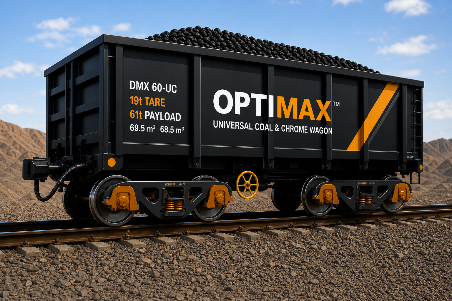 OptiMax universal coal & chrome wagon, loaded and in traffic on HS Scheffel Mk VII self-steering bogies